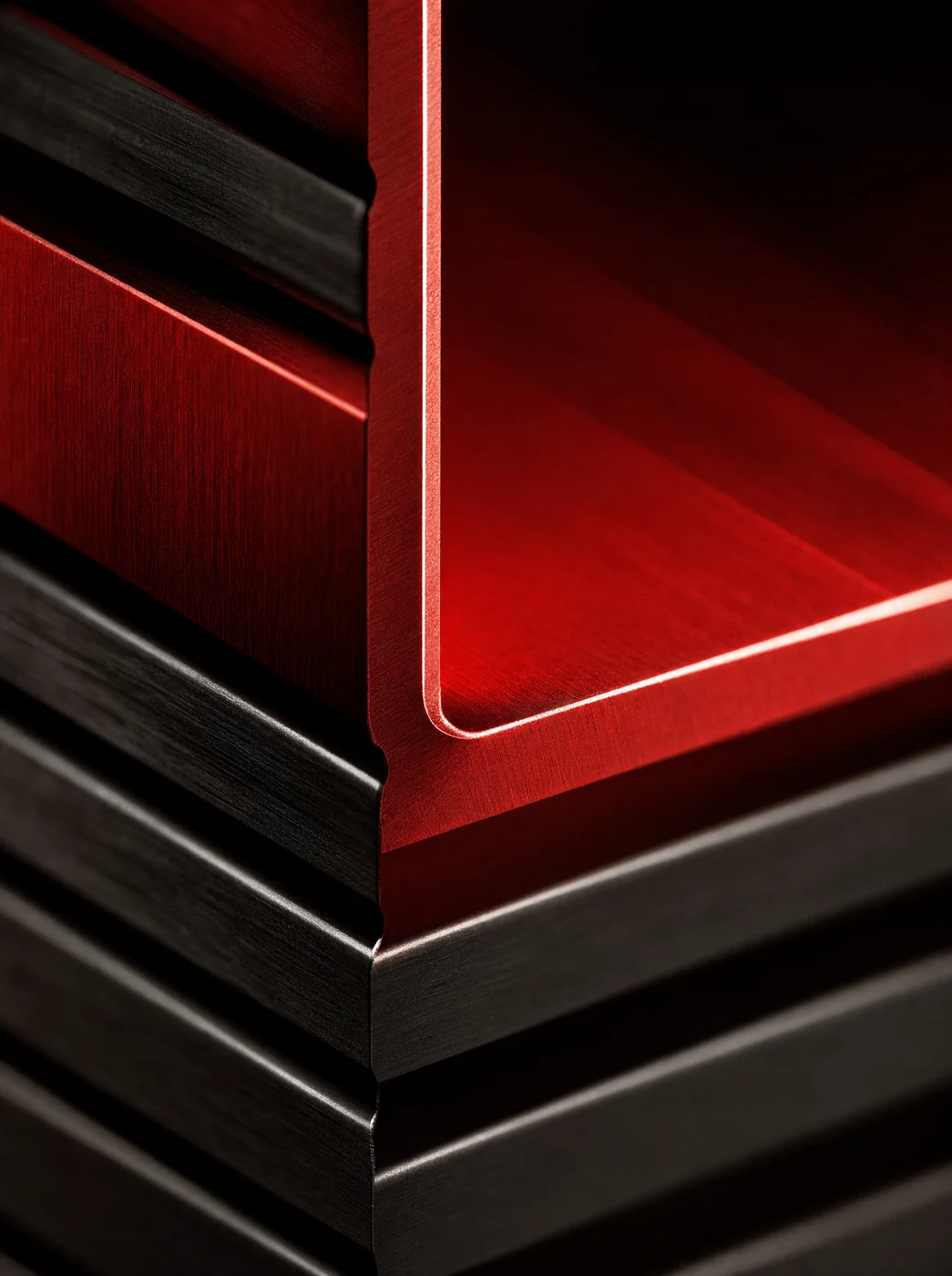 Abstract red precision-machined channels